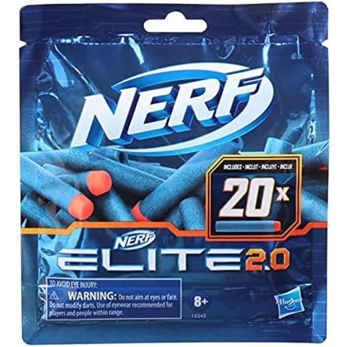 Включає 20 офіційних дротиків Nerf Elite 2.0, сумісних з усіма бластерами Nerf Elite, 2.0 20-Dart Refill Pack -