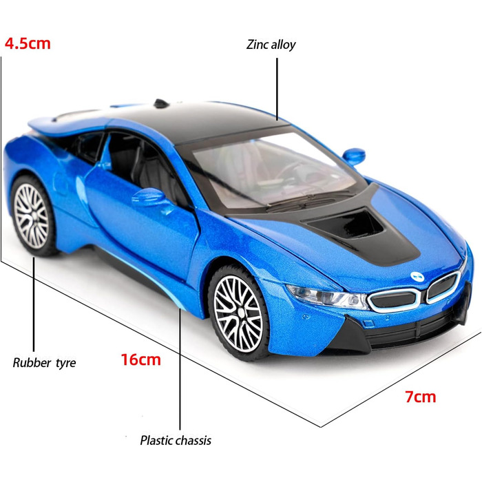 Модель автомобіля BMW I8, іграшковий автомобіль з цинкового сплаву зі звуком і світлом для дітей хлопчиків дівчаток подарунок (синій), 1/32