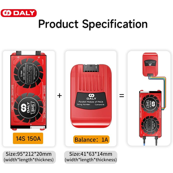 Паралельний модуль DALY BMS 1 A з вентилятором Smart BMS LiFePo4 8S 24 В 250 А та портом CAN, Smart BMS Bluetooth ключ для літієвих акумуляторів 3,2 В, інвертор, ДБЖ та домашня система зберігання (Li-ion 14S 48V CAN BT, 150AParallel Module1A)