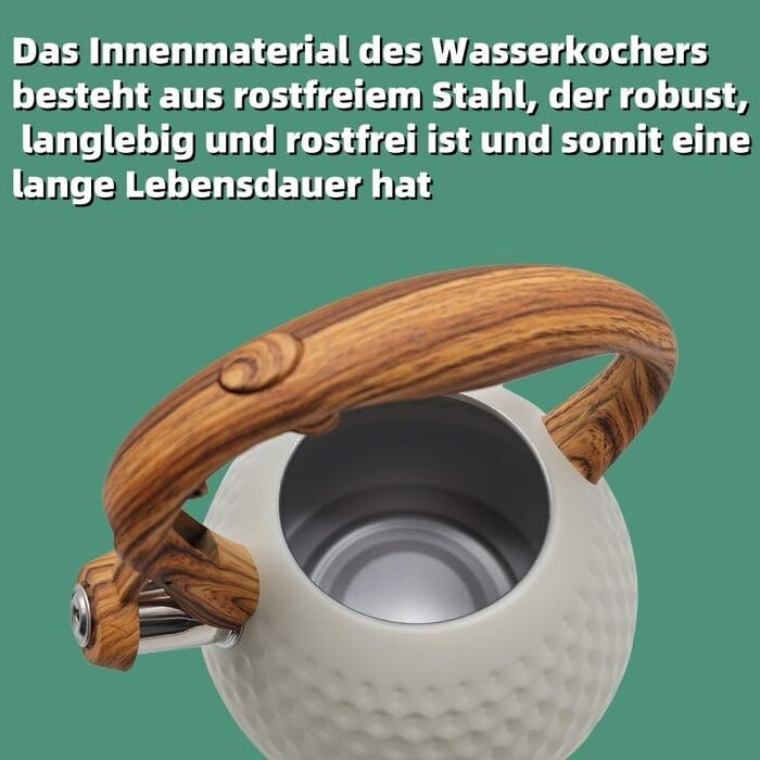Чайник з флейтою з нержавіючої сталі RANJIMA, індукційний чайник для води об'ємом 3 л з ручкою кольору дерева, ретро чайник для кемпінгу зі свистком для всіх газових плит, індукційних плит, керамічних плит, дров'яних плит, бежевий