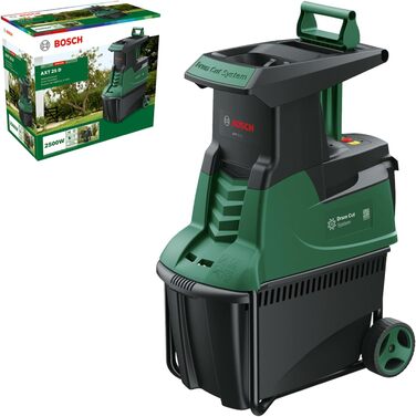 Безшумний подрібнювач Bosch AXT 25 D (2 500 Вт підходить для твердої деревини та колючих кущів вбудований 53-літровий контейнер для збору в коробці)