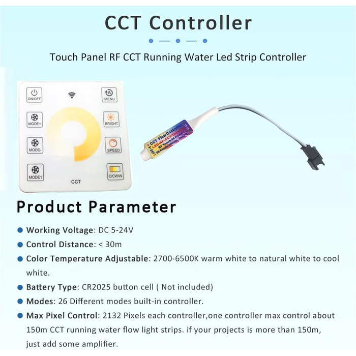 Проточна вода 1903 IC Світлодіодна стрічка Двоколірний гнучкий браслет для скачок 10 м комплект з контролером сенсорної панелі Блок живлення 24 В 200 Вт (комплект 10 м), 24V CCT