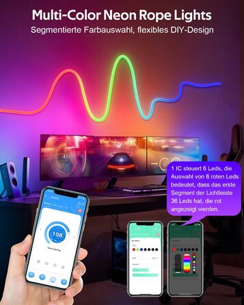 Неонова світлодіодна стрічка Aclorol RGB IC 24 В зі світлодіодною стрічкою з керуванням додатком Водонепроникна зовнішня гнучка світлодіодна трубка, що змінює колір, працює з керуванням програмами Синхронізація музики для вечірок, настінного декору, телев