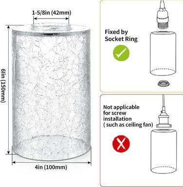 Скляний абажур Skelang з 3 предметів, плафон Crackle, прозорий плафон 42 мм, змінний плафон циліндра для підвіски, настінний світильник, туалетний світильник, настільна лампа