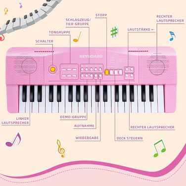 Клавіатура дитяча з мікрофоном, 37 клавіш піаніно музичні інструменти, багатофункціональне дитяче піаніно музична іграшка, портативне електричне піаніно для від 2 3 4 5 6 років хлопчики дівчатка початківці рожевий