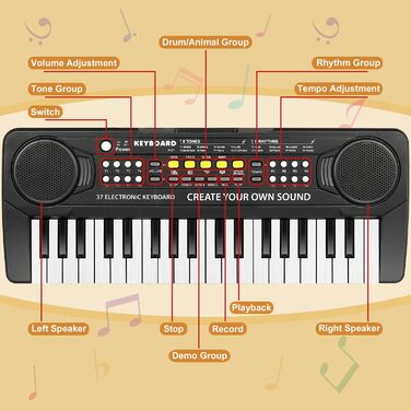 Електронна клавіатура для дітей від 3 4 5 6 7 8 років, міні 37-клавішне дитяче піаніно з мікрофоном, музична освіта, вступне навчання музиці, подарунки для хлопчиків/дівчаток/початківців 9127BK