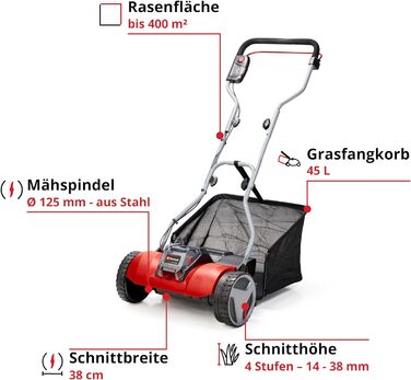 Акумуляторна газонокосарка Einhell GE-HM 18/38 Li - Solo Power X-Change (літій-іонний, 18 В, шпиндель косарки на шарикопідшипниках з 5 прецизійними сталевими лезами, без акумулятора та зарядного пристрою)