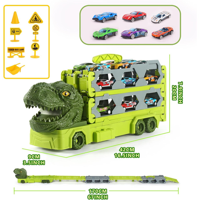 Дитячий автомобільний транспортер вантажівка іграшка для 3-5, 170CM/5.6FT динозавр іграшка гоночний трек вантажівка з режимом гонок для 2-х гравців і 6 автомобілів і 7 дорожніх знаків, подарунок на Різдво/день народження