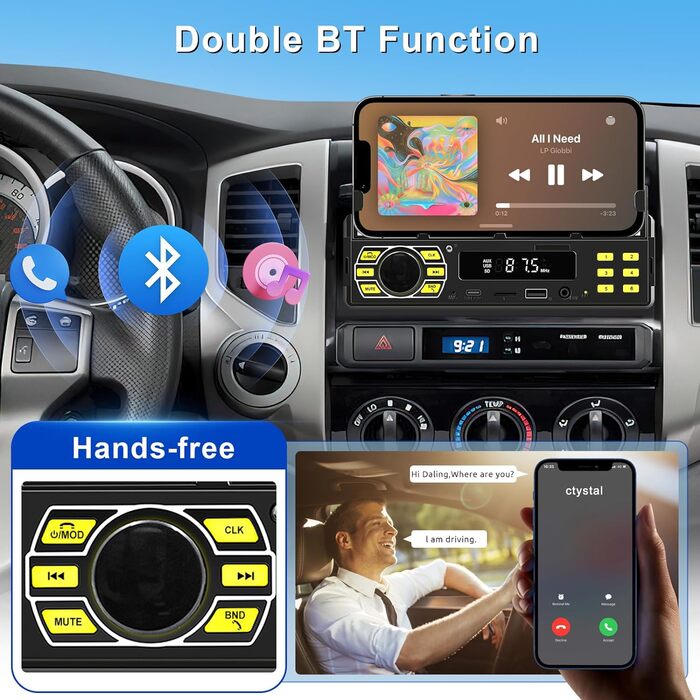 З Bluetooth, MP3-плеєр з FM-радіо, підтримка автомобільної стереосистеми 1 Din BT Hands-free/еквалайзер/керування на кермі/USB/зарядка/TF/AUX-вхід, цифровий медіа-ресивер (з тримачем телефону), 1 Din