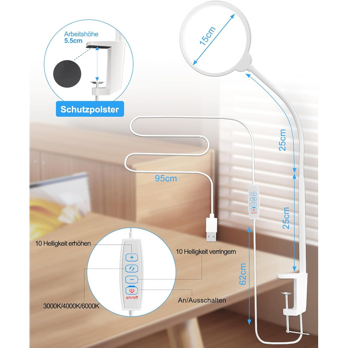 Настільна лампа Світлодіодна настільна лампа з регулюванням яскравості 3 кольори та 10 рівнів яскравості Настільна затискна дитяча, гнучка лампа для читання для дому, офісу, читання, приліжкової лампи USB-порт, регульований, білий