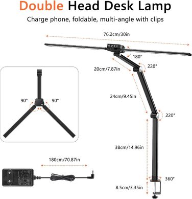 Настільна лампа LGMCF LED з регулюванням яскравості, з керуванням жестами та портом USB і Type-C, затискна лампа денного світла з подвійною головою потужністю 24 Вт, 5 кольорів для захисту очей Офісна лампа Стіл для монітора Робота Домашній офіс Чорний