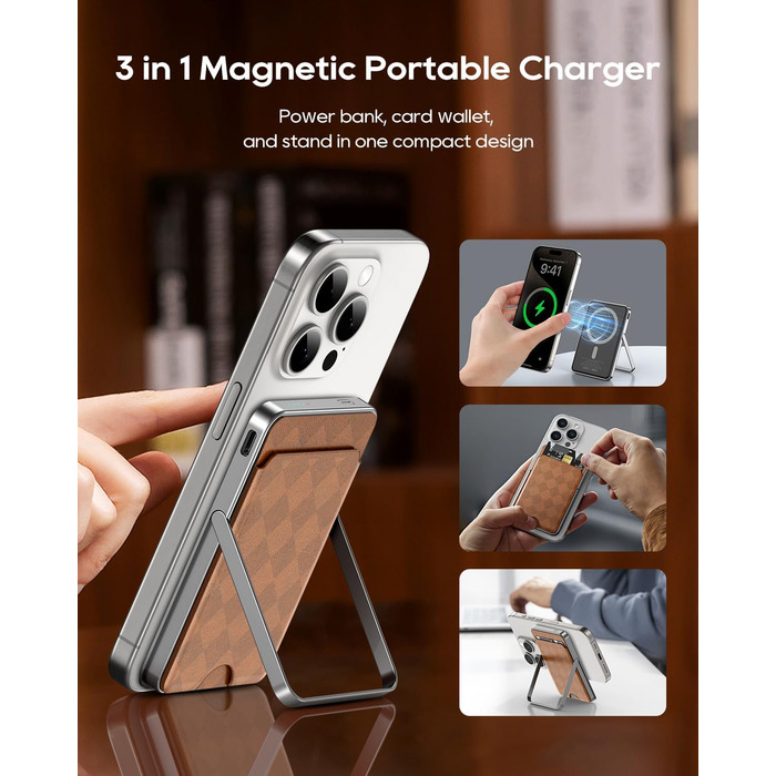 Сумісний із Magsafe Power Bank 5000mAh, 20W Fast Charging Wireless Power Bank зі шкіряним слотом для карток для iPhone 16/15/14/13/12/Pro/Plus/Pro Max Series