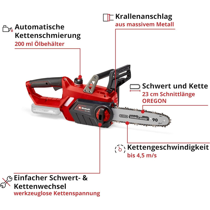 Акумуляторна бензопила Einhell GE-LC 18/25 Li-Solo Power X-Change, працює від акумулятора (літій-іонна, 18 В, якісна шина/ланцюг OREGON, захист від віддачі, штифт фіксатора ланцюга, без акумулятора та зарядного пристрою)