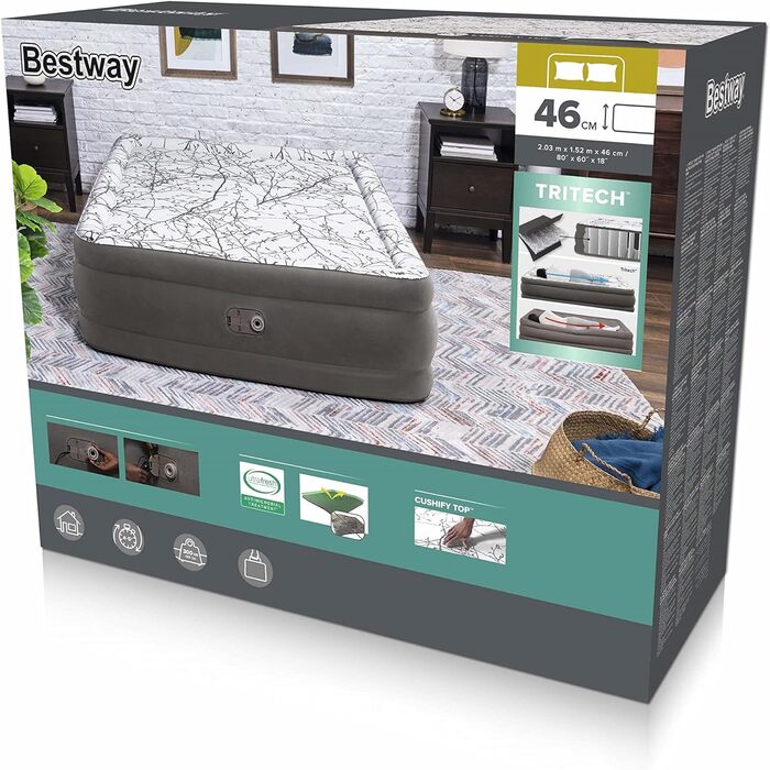 Надувний ліжко Cushify Top від Bestway TriTech з вбудованим електричним насосом Double XL/Mid 203 x 152 x 46 см