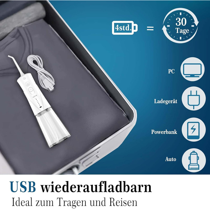 Акумуляторні іригатори для порожнини рота 230 мл 3 режими 7 насадок, водна нитка Water Flosser Travel IPX7 водонепроникна USB з акумуляторною батареєю для подорожей і дому Біло-сірий-206 206-3 режими