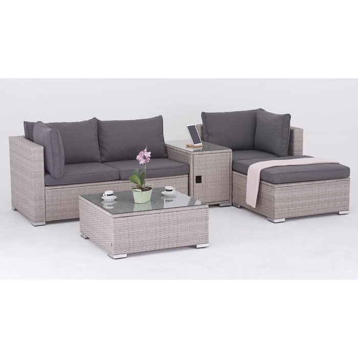 Насолоджуйтесь набором для відпочинку Fit Rattan Poly Rattan Lounge Меблі з 3-місного дивана, табуретки, столу з місцем для зберігання та столом для зберігання зі скляною стільницею