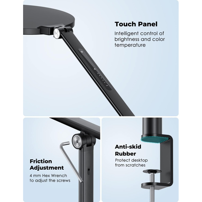 Дюймова світлодіодна настільна лампа з затискачем, поворотний кронштейн, безпечне для очей світло, регулювання яскравості 3 колірні режими та 5 рівнів яскравості, регулювання висоти та кута, алюміній, функція зарядки USB для дому, офісу, читання, 7-