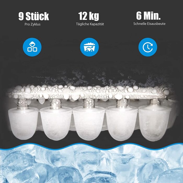 Льодогенератор COSTWAY 12 кг/24 години, льодогенератор 9 кубиків льоду за 6-13 хв, льодогенератор 2,2 л, резервуар для води, льодогенератор 2 розміри кубиків льоду, включаючи ложку, 25x36x33 см (синій)