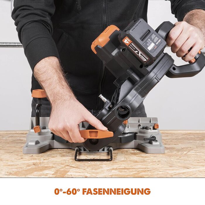 Акумуляторна торцювальна пила Evolution Power Tools R185CMS-Li з багатоцільовим полотном, 850 Вт - 4 Ач акумулятор та зарядний пристрій, пиляльне полотно TCT 185 мм у комплекті, гарантія 3 роки