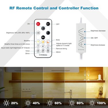 Світлодіодна стрічка 3 м, світлодіодна стрічка під шафою для кухні під шафою Комплект світлодіодного освітлення з радіочастотним пультом дистанційного керування для вітрини, кухні, столу, полиці, шафи, з адаптером 12 В ЄС, 6500K (теплий білий, 5 метрів)