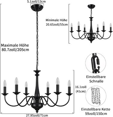 Люстра QAREHL Вінтажний стельовий світильник чорний, підвісний світильник на 6 полум'я Вітальня з цоколем E14, люстра чорна для спальні, кухні, передпокою