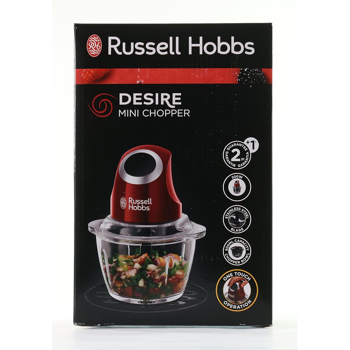 Електричний подрібнювач Russell Hobbs скляний контейнер з кришкою для зберігання Desire Red (500 мл, подрібнювач овочів, блендер, мульти-& універсальний подрібнювач овочів, фруктів і м'яса) 24660-56