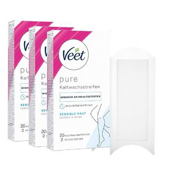 Смужки холодного воску Veet PURE Підходить для чутливої шкіри Використовуйте для ніг і тіла До 4 тижнів гладкої шкіри 3 x 20 холодних воскових смужок (60 шт. )