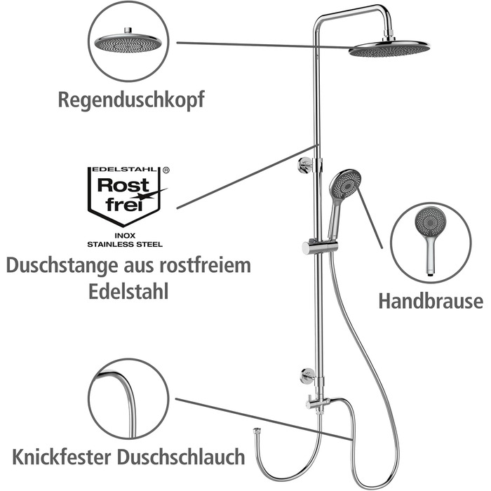 Душова система WENKO Watersaving, Душова штанга з водозберігаючим дощовим душем і ручним душем, Регульована висота, Нержавіюча сталь, 75-120 см, Хром