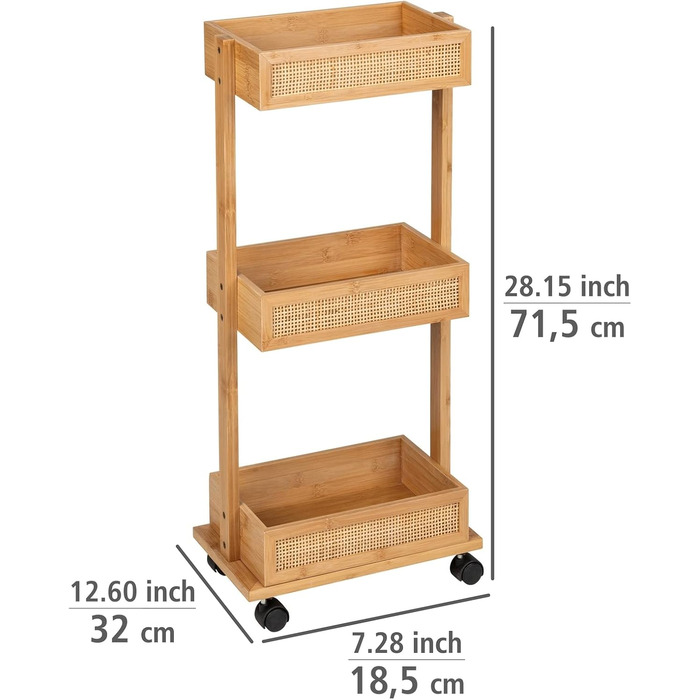Візок для ванни Allegre, декоративний візок для ванни з 3 чашками з високоякісного бамбука та ротанга в модному стилі бохо, 4 роликами та 2 стоянковими гальмами, (Ш x В x Г) 18,5 x 71,5 x 32 см