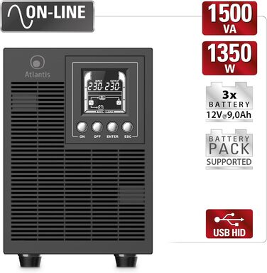 ДБЖ Atlantis A03-OP1502P PRO PRO UPS OnLine Сервер з подвійним перетворенням чистої синусоїди 1500 ВА 1350 Вт, вежа, РК-дисплей, USB, послідовний RS-232, 4 виходи IEC, слот SNMP, 3x12V-9Ah