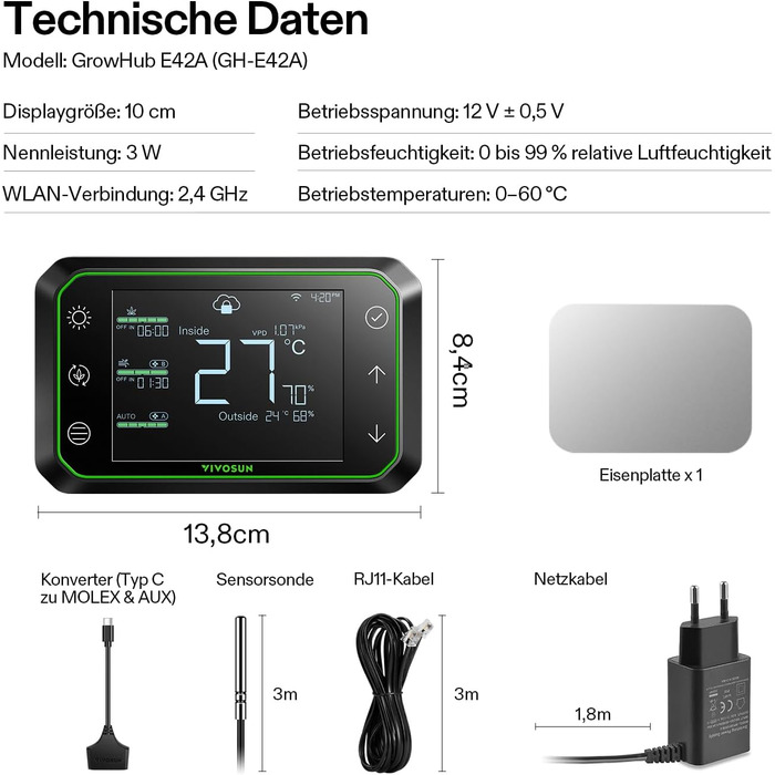 Контролер VIVOSUN GrowHub E42A, інтелектуальний WLAN-контролер для управління температурою, вологістю, VPD, таймером, циклами та розкладом для теплиці, охолодження, вентиляції та освітлення
