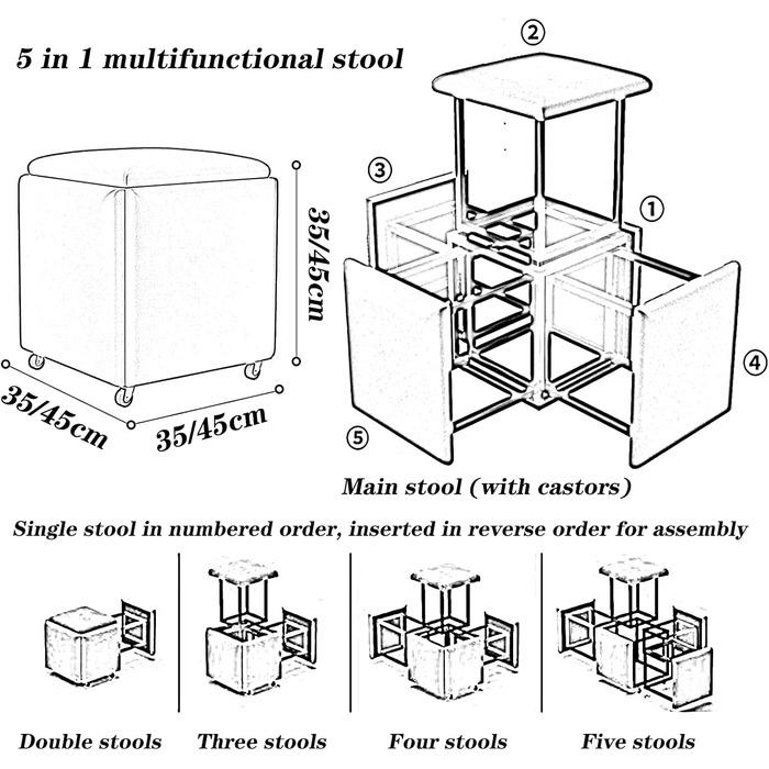 Помаранчевий шкіряний куб-стілець з поворотними коліщатками - табурет 5 в 1, чайний столик для вітальні Диванний стілець, штабельована комбінація 45x45x45 см Чорний / Помаранчевий