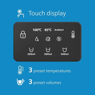 Водна станція Philips, диспенсер для гарячої води, фільтрована вода гарячої та природної температури, ємність 2,2 л, 3 попередні налаштування температури/кількості, кип'ятіння води одним натисканням кнопки, сенсорний екран