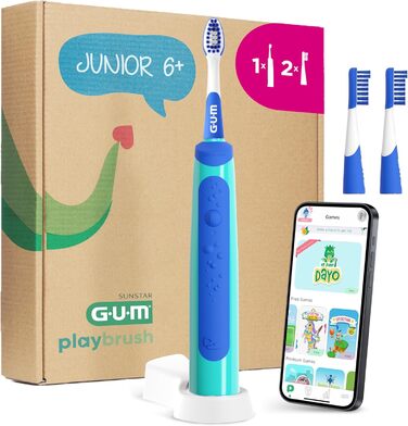 Електрична зубна щітка GUM Playbrush JUNIOR 6 Інтерактивний ігровий додаток 2 режими очищення Дуже м&39яка щетина Батарея на 8 тижнів Таймер звукова зубна щітка, акумуляторна 2 додаткові насадки для щіток Синій