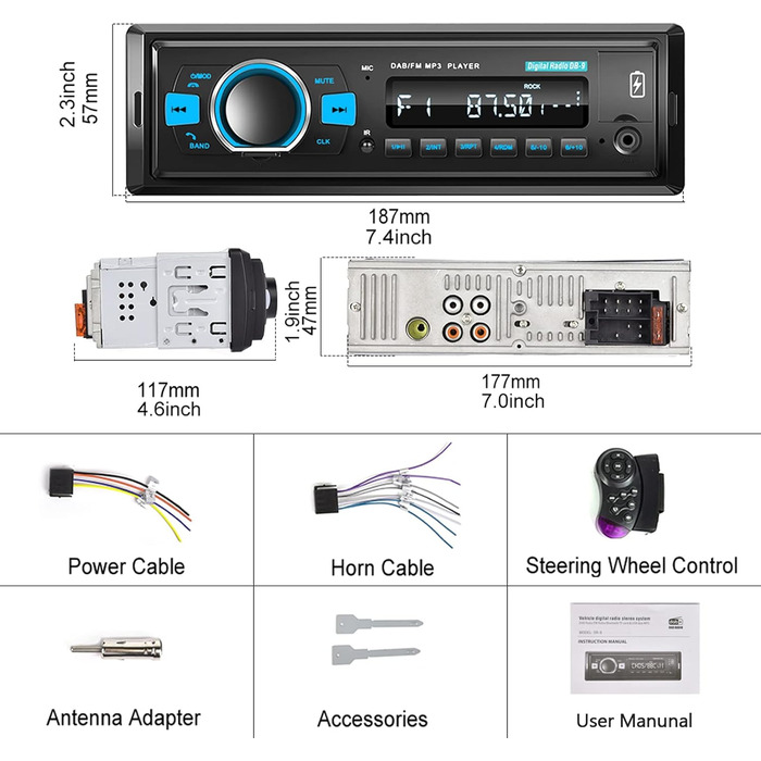 Автомобільна стереосистема Hodozzy DAB 1 Din з Bluetooth, MP3-плеєр з FM-радіо, підтримка автомобільної стереосистеми 1 Din BT Hands-free/еквалайзер/керування на кермі/USB/зарядка/TF/AUX-вхід, цифровий медіа-ресивер