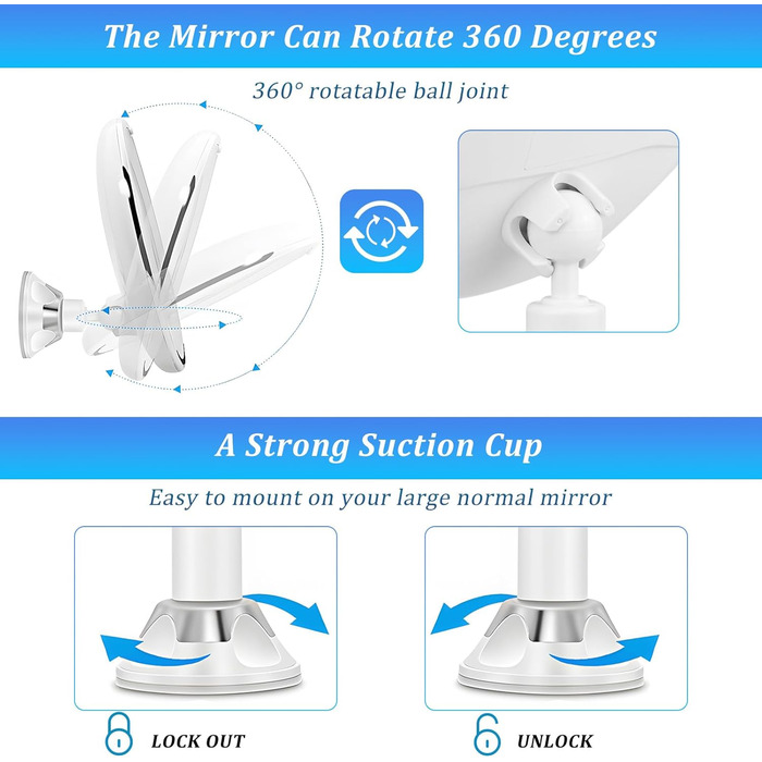 Косметичне дзеркало 10-кратного збільшення, дзеркало для макіяжу зі світлодіодним підсвічуванням, поворотне дзеркало для гоління на 360 з присоскою настінне дзеркало збільшувальне дзеркало на 3 батарейках AAA для дому та подорожей - біле