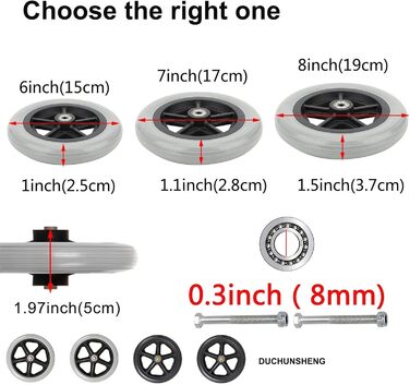 Колеса для інвалідних візків передні 6 7 8 дюймів, запасні колеса для інвалідного візка, 2 шт. и, чорний, сірий, передні колеса Заднє колесо, запасні ролики для інвалідних візків Допоміжні засоби для ходьби Ручний візок, нековзний 7 дюймів/17 см сірий
