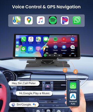 Портативна автомобільна стереосистема Podofo Wireless Carplay 10,26 дюйма з сенсорним екраном Бездротовий автомобільний Bluetooth/FM-передавач AUX Siri/Google asistant з камерою заднього виду DC7-32v