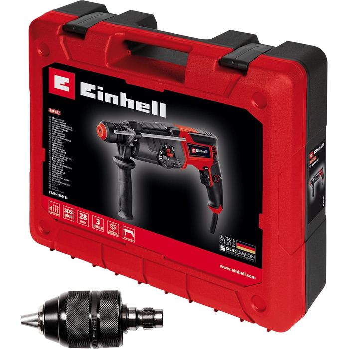 Перфоратор Einhell TE-RH 950 5F (950 Вт, 2-швидкісний редуктор, сила удару 3 Дж, патрон SDS-plus, свердління бетону 28 мм, обмежувач глибини свердління, поставляється в кейсі)