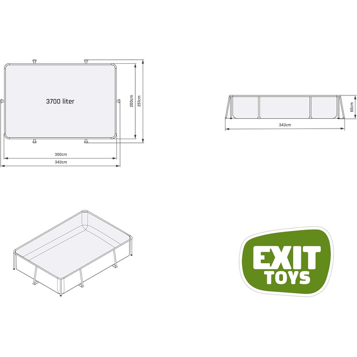 Басейн EXIT Toys Black Wood Pool - 300x200x65 см - Прямокутний, компактний каркасний басейн з картриджним фільтруючим насосом - Легкий доступ - Підходить для маленьких дітей - Міцний каркас - Унікальний дизайн - Чорний