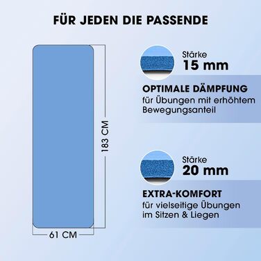 Нековзний килимок для йоги Для початківців та просунутих користувачів Товщина від 0,8 см до 2 см Гімнастичний килимок для суглобів 183 x 61 см або XXL 190 см x 100 см підходить для приміщень/вулиці (183 x 61 x 1,2 см, синій)