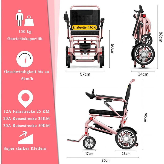 Надлегка складна електрична інвалідна коляска Bueuwe, 14,9 кг, складна електрична інвалідна коляска для квартири, вантажопідйомність 150 кг, легка електрична інвалідна коляска з дистанційним керуванням, ширина сидіння 45 см, 30 А