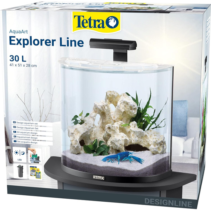 Комплектація акваріума Tetra Explorer Line 30 л - Дизайнерський акваріум з вигнутим вітровим склом, світлодіодним освітленням, технологіями, продуктами харчування та засобами догляду, колір чорний