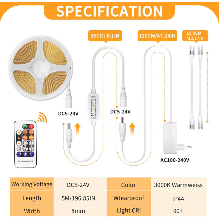 Світлодіодна стрічка COB 5M тепла біла, світлодіодна стрічка 24 В з регулюванням яскравості 3000K, світлодіодна стрічка самоклеюча з пультом дистанційного керування, світлові смуги водонепроникні IP44 з блоком живлення, світлодіодна стрічка 5м для ванної 
