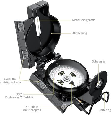Військовий компас Anbte з клінометром з алюмінієвого сплаву 110 г Ультралегкий, похідний компас з магнітною силою 3000 Гаусс Професійний навігаційний компас водонепроникний з чохлом для полювання піших прогулянок чорний