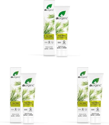 Зубна паста Dr Organic Tea Tree, очищувальна, натуральна, натуральна, веганська, без жорстокості, без парабенів і SLS, органічна, 100 мл, упаковка може варіюватися (упаковка з 3 шт. ) 100 мл (упаковка з 3 шт. )