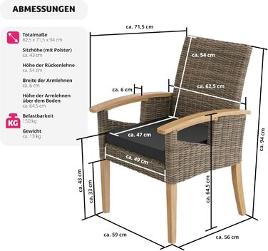 Плетене крісло з ротанга Tectake з підлокітником, меблі стійкі до атмосферних впливів для саду, тераси та балкона, обідній стілець на відкритому повітрі, крісло, балконні меблі, садові меблі, садові стільці - nature