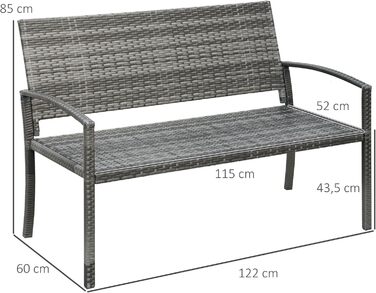 Лавка для саду Outsunny, Лавка з ротанга, Паркова лавка зі сталевим каркасом, Балконна лавка для 2 осіб, Садові меблі, вантажопідйомність до 240 кг, Сіра, 122 x 60 x 85 см