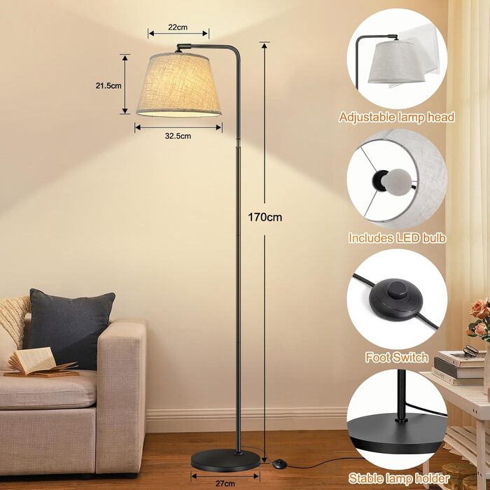 Торшер для вітальні з 3 колірними температурами, лампочка E27 в комплекті, лляний абажур, ножний перемикач, світлодіодний торшер з регулюванням яскравості Підходить для спальні, читання, офісу тощо