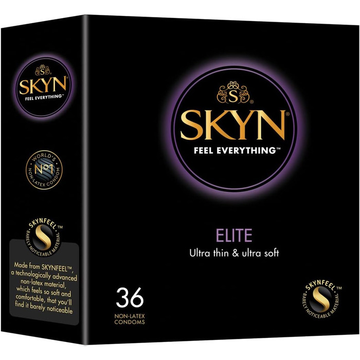 Презервативи SKYN Elite (36 шт. ) Skynfeel латексні без латексу для чоловіків, павутинка, дуже тонка та екстра м'яка коробка, чутливі, шириною 53 мм, можна використовувати з нашими мастилами ука (36 упаковок)